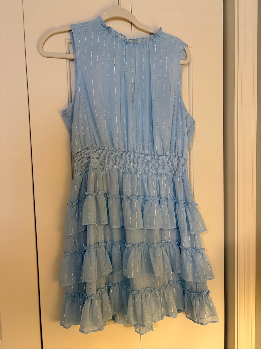 Aqua Light Blue Shimmer Ruffle Tier Dress